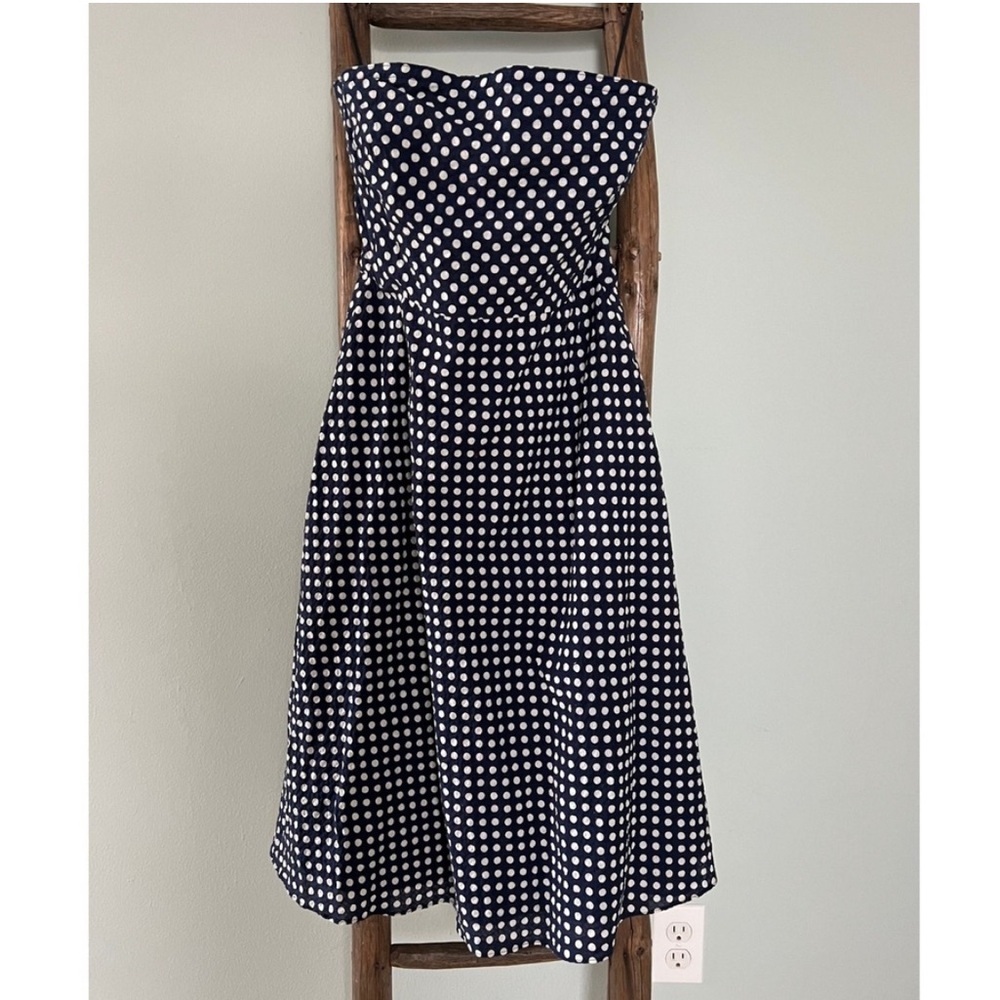 J.Crew Polka Dot Y2K Strapless Dress Fit and Flare Party Navy White Size 8